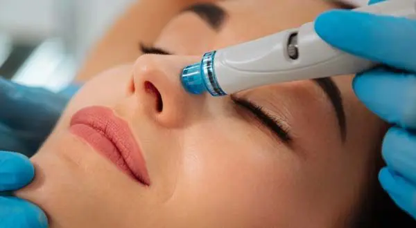 woman getting a hydrafacial treatment on teh areas around her nose